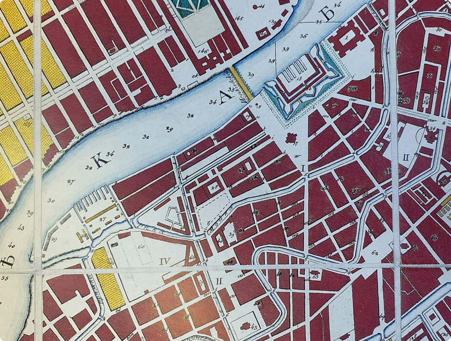 План столичного города Санкт–Петербурга. С означением входов в реку Неву и глубины форватеров в футах. 1808. РГБ, отдел картографических изданий