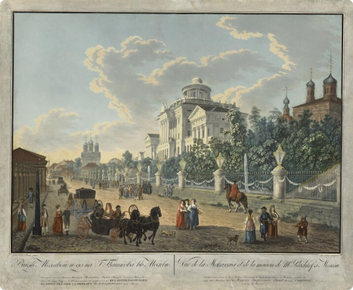 Вид Моховой и дома г. Пашкова в Москве. Делабарт Ж. (Художник) Лори Г. (Гравер). 1799